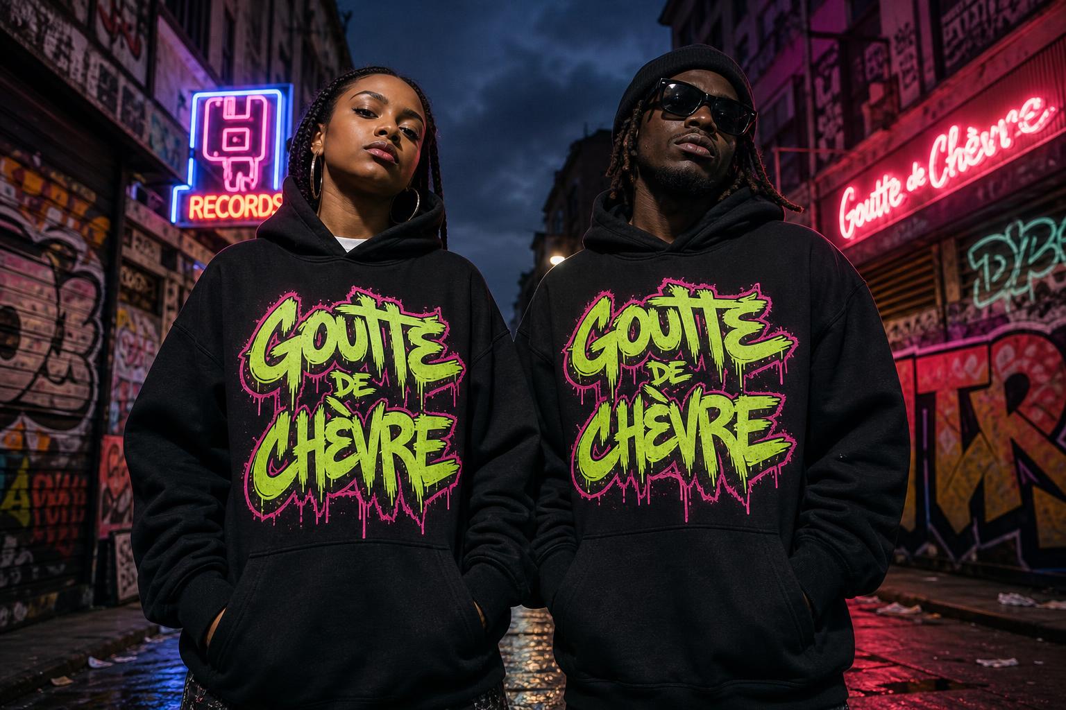 Two models wearing Goutte de chèvre hoodies and mesh shorts in a neon-lit graffiti alley